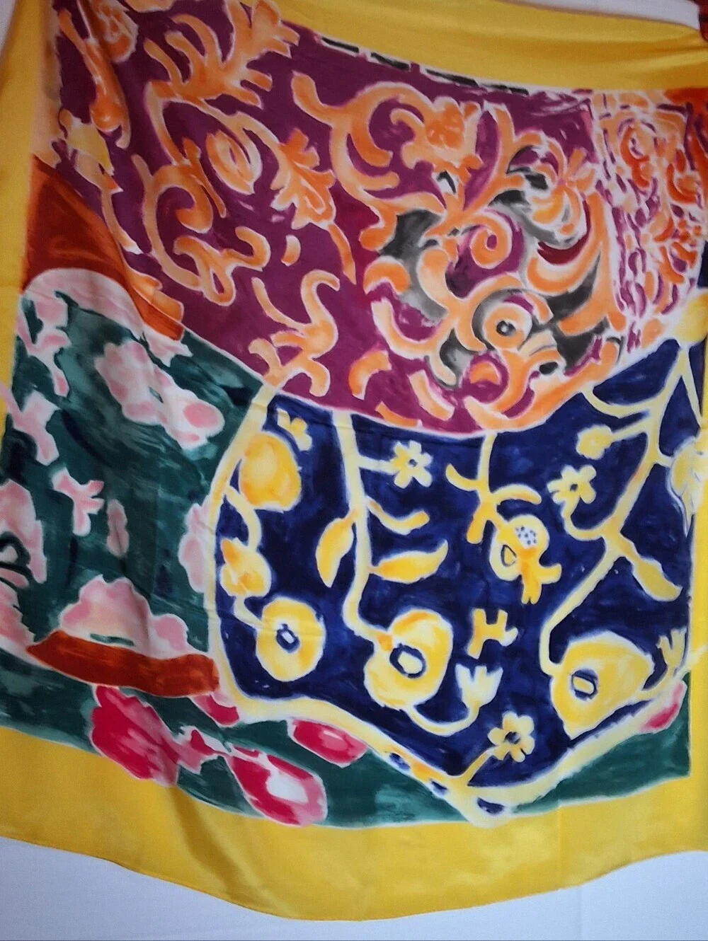 Vintage Silk Feel Scarf Rolled Edge Colorblock Floral Baroque Yellow Border